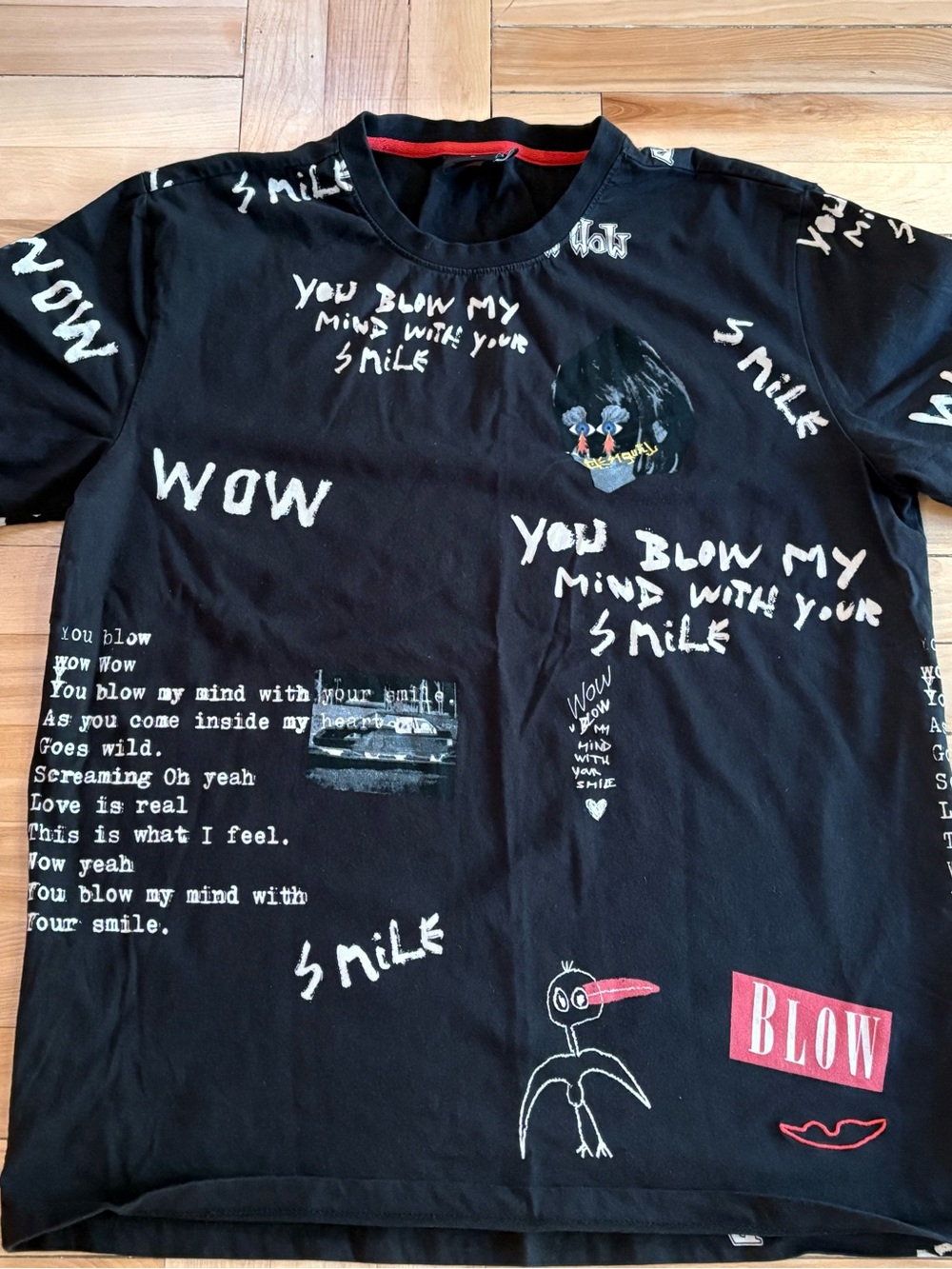 Desigual Black Tee with White Script and Red Neck Trim